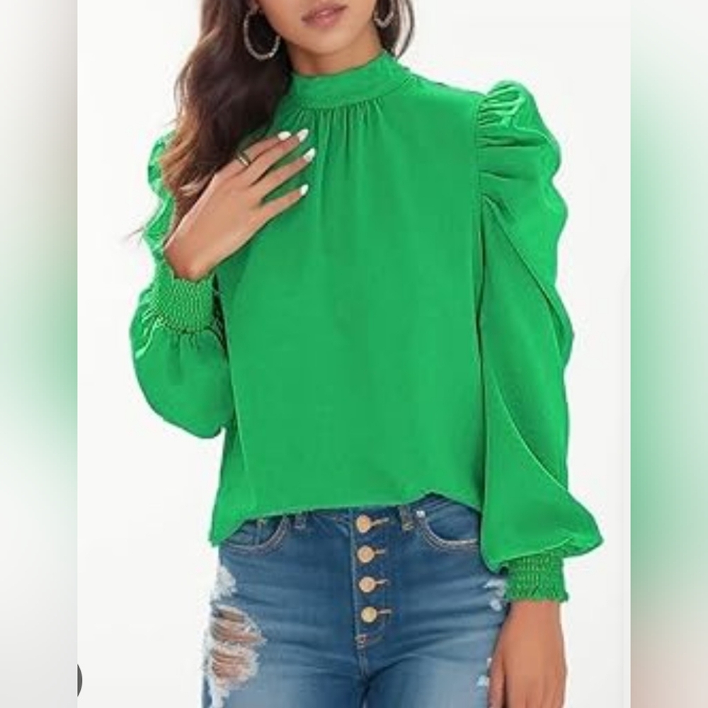 Vibrant Green Puff Sleeve Blouse